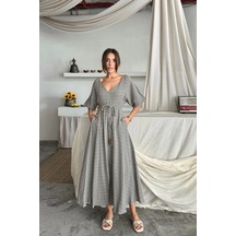 Defymoda V Yaka Bel Boncuk Bağlamalı Müslin Elbise Yırtmaç Detaylı - Gri Gri