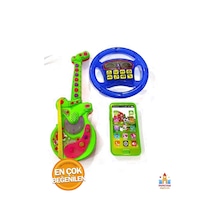 3'lü Set Müzikli Eğitici Gitar - Oyuncak Direksiyon Ve Dokunmatik Telefon Oyuncak Seti - Mavi Renk