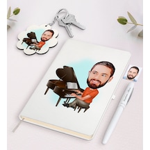 Kişiye Özel Erkek Piyanist Karikatürlü Beyaz Defter Kalem Ve Anah
