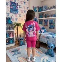 Cg Kids Stitch Kız Çocuk Tshirt Fitilli Tayt Şortlu Alt Üst Takım Sırt Baskı Detaylı Pembe