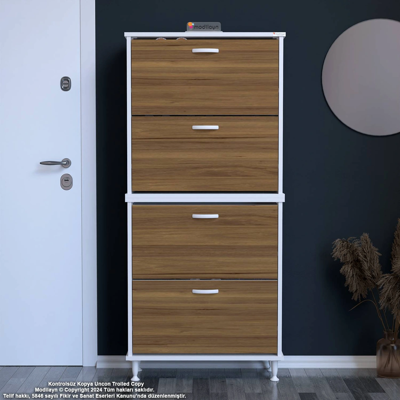 Modilayn Umay' 2 Li Antre Hol 72 X 168 X 25, 5 Cm Lik 4 Düşer Kapak 8 Göz Raf Bölmeli Ayakkabılık Beyaz - Ceviz