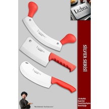 Lazbisa Mft-376 Silver Serisi Pide Börek Mutfak Bıçağı Salata Pizza Bıçak Kıyma Ve Tavuk Satırı 3 Lü Set Kırmızı