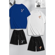 Unisex Kadın Erkek Çiçekli Tom Ve Jerry Baskılı Sevgili Çift Kombini Tasarım Oversize Tshirt Ve Şort Mavi Beyaz Siyah Mck0382 Çok Renkli