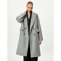 Koton Oversize Kaşe Kaban Kruvaze Düğmeli Kapaklı Cepli Gri Melanj 4wak00255ew 4WAK00255EWGRM Gri Melanj