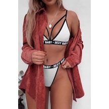 Ang Butik Kadın Beyaz Yazı Detaylı Ipli Sütyen Takımı