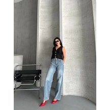 Kazax Palazzo Straight Kar Yıkama Jeans Pantolon Mavi D2008 Mavi