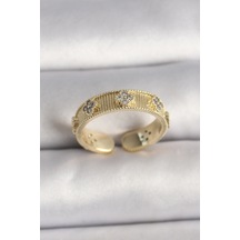 Mey İthalat Pirinç Gold Renk Zirkon Taşlı Yonca İşlemeli Ayarlanabilir Yüzük Çok Renkli
