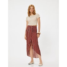 Koton Koton X Melis Ağazat - Midi Boy Sarong Etek Kruvaze Asimetrik Slim Fit Kahverengi Çizgili 4sak70227ew Kahve Çizgili Kahve