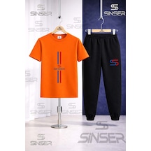 Ss Sinser Çocuk Dık Ikı Cızgı Uzun Baskılı Tişort Eşofman Takımı Turuncu - Siyah