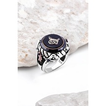 Ortası Onix Taşlı Üzeri Tuğra Kenarı Çember Taşlı Gümüş Erkek Yüzük -4901