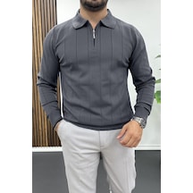 Erkek Yarım Fermuarlı Polo Yaka Mevsimlik Kazak Füme Edw195 Füme