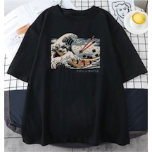 Flood Of Style Unisex Siyah Japon Dalga Baskılı Oversize Bisiklet Yaka T-shirt