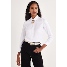 Tudors Kadın Slim Fit Dar Kesim Vucüda Oturan Uzun Kollu Beyaz Basic Gömlek-35322 Beyaz
