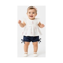 İrem Çocuk Giyim Kız Bebek Kolları Fırfırlı Deniz Atı Nakışlı Sırtı Düğme Kapamalı Bluz Şortlu Takım Beyaz