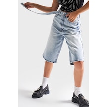 Itsbasic Kadın Snow Kot Rengi 4s5-3 Maxi Boy Kemer Detaylı %100 Koton Yüksek Bel Uzun Denim Şort Bermuda Kot Mavi