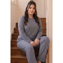 Siyah İnci Desenli Termal Kumaşlı Ultra Soft Yumuşak Büyük Beden Battal Boy Örme Pijama Takımı 26226709 Lacivert