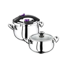 5120 - 4 Parça - Matik Kapak, Paslanmaz Çelik, 5 Ve 7 Litre Düdüklü Tencere Seti Kırmızı - Siyah