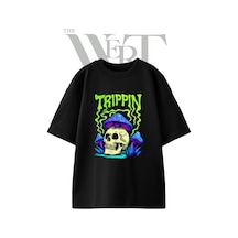 Thewert Psikedelik Kuru Kafa Tasarım Baskılı Ünisex Siyah Oversize T-shirt