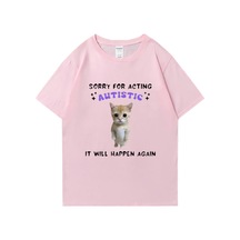 Flood Of Style Sıcak Satış Otizm Kedi Komik Grafik Baskı T-shirt Erkek Kadın Casual Tops Kısa Kollu Giysiler Pembe