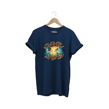Summer Vibes Baskılı Yazlık Tatil Deniz %100 Pamuk Regular Fit Bisiklet Yaka Lacivert T-shirt Lacivert