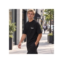 Genel Markalar Unisex Yarım Oversize Bisiklet Yaka Pamuklu Baskılı Tişört Siyah