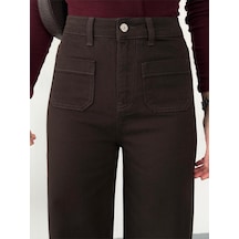 Kadın Kahverengi Ön Cepli Wide-leg Jean Yüksek Bel Geniş Paça Kot Pantolon Kahverengi