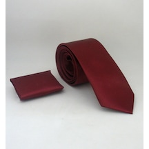 Kalender Giyim Bordo Slim Fit Düz Renk Mendilli Saten Kravat - SS-37 Bordo