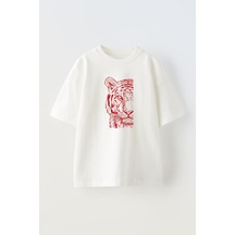 Thewert Unisex Kırmızı Kaplan Tasarım Baskılı Pamuk Beyaz Oversize T-shirt