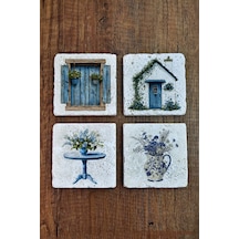 Doğal Taş Bardak Altlığı - Köy & Nostalji Temalı Mavi Tonlar - Stone Coasters Çok Renkli