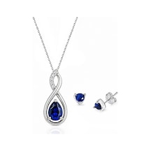 925 Ayar Su Damlası Pırlanta Model Safir Taşlı Gümüş Kolye Küpe Set Beyaz