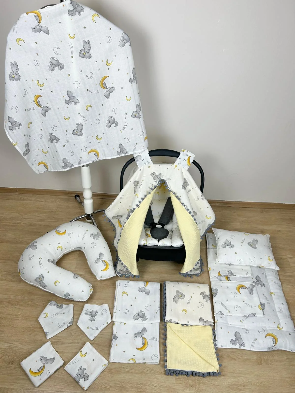 %100 Pamuk 12 Parça Çift Taraflı Muslin Set Gri Tavşan