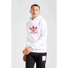Tshirthane Stranger Yaprak Logo Baskılı Unisex Çocuk Kapüşonlu Beyaz Sweat Beyaz
