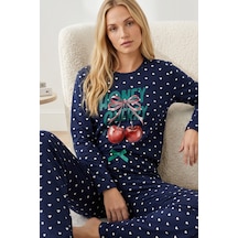 Siyah İnci Pamuklu Likralı Örme Pijama Takım26240308 Lacivert