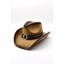 Deri Şeritli Rhinestone Hasır Şapka Premium Classic Western Festival Beach Rave Hat - Standart
