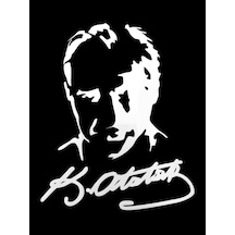 K.atatürk Silüetli İmzalı Oto Sticker Beyaz 19x15cm