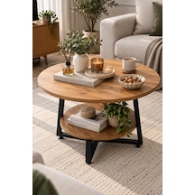 Yuvarlak Orta Sehpa 69,5 Cm İki Katlı Raflı Metal Ayaklı Modern Dekoratif Salon Sehpası Çam