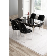 Canisa Tia Serisi 80x132 Mdf Açılabilir Siyah Mermer Desen Krom Detay Masa Takımı Ve 4 Siyah Sandalye Masa Siyah Mermer Desen Sandalye Siyah