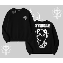 Sevimli Kedi Çizimli Arka Baskılı Biskilet Sweatshirt Siyah