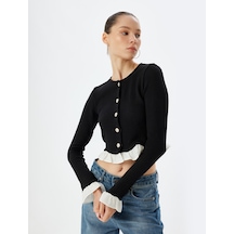 Koton Crop Hırka Düğmeli Fırfır Detaylı Bisiklet Yaka Slim Fit Siyah 5wal90024ık Siyah
