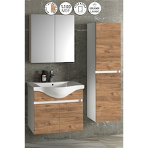 Yıldız 55+35 Cm Beyaz-atlantik Çam Mdf Seramik Lavabolu Asma Banyo Dolabı Takımı Beyaz - Atlantik Çam