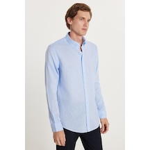 Tudors Erkek Slim Fit Dar Kesim Uzun Kollu Keten Premium Seri Düğmeli Yaka Spor Açık Mavi Gömlek-35355 Açik Mavi