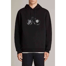 Uzay Bisiklet Baskılı Siyah Erkek Örme Kapşonlu Sweatshirt