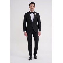 Slim Fit Fleto Cep Çıkarılabilir Saten Yaka Düz Siyah Damatlık Smokin Takım Altro 032 Siyah