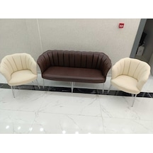 Garden House Papatya Kahve Krem Deri Ofis Büro Koltuk Takımı Metal Ayak 3+1+1 Kahverengi - Krem