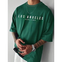 Los Angeles Downtown Süprem T-shirt - Yeşil Baskılı Oversize Bisiklet Yaka Kısa Kol Tişört Yeşil