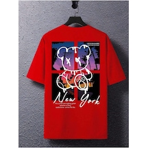 New York Bear Süprem T-shirt - Kırmızı Baskılı Oversize Bisiklet Yaka Tişört Kırmızı