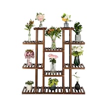 Dekoratif Ahşap Saksılık Çiçeklik Standı - 11 Bölmeli Bahçe Balkon Çiçek Rafı 120x120 Cm Kahverengi