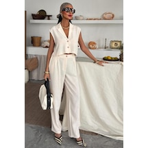 WeShaya Kadın Ekru Kolsuz Polyester Crop Dokuma Takım Ekru