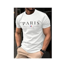 Caddemia Yaz  Rahat Gevşek Artı Boyutu Paris Fransız Baskılı Spor Rahat Yuvarlak Beyaz 2XL