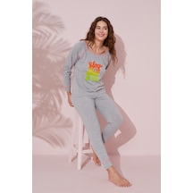 Siyah İnci Baskılı Pamuklu Örme Pijama Takım 24240139 Gri
